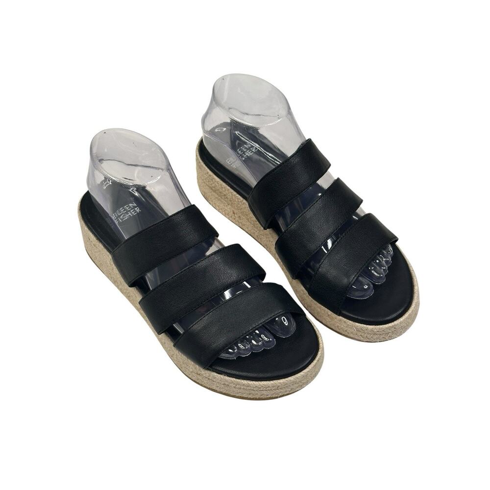 Eileen Fisher Mayla Black Leather Espadrille Wedge Slide Sandal Sz. 8.5 New $185